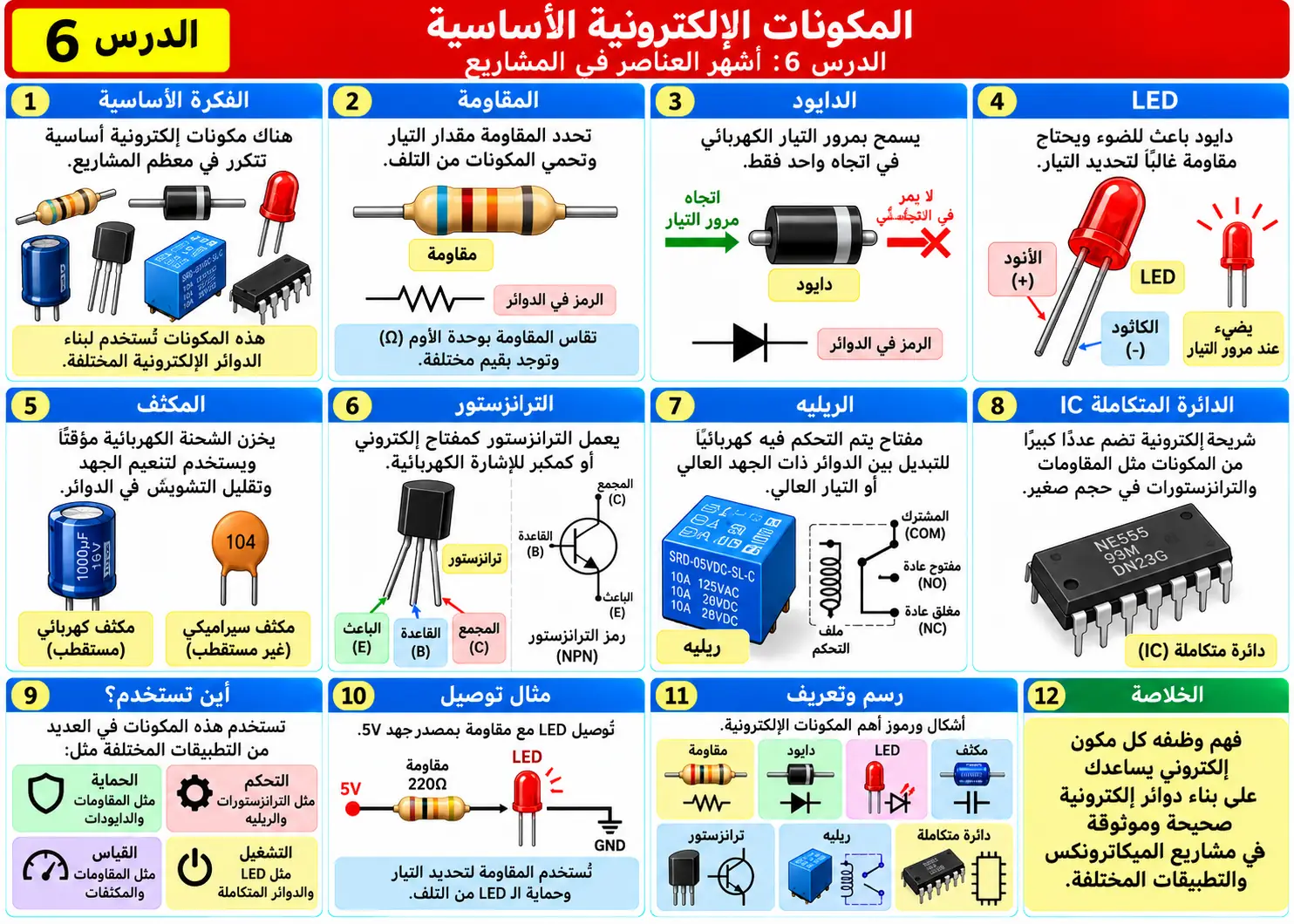 لوحة تعليمية للدرس 6: المكونات الإلكترونية الأساسية