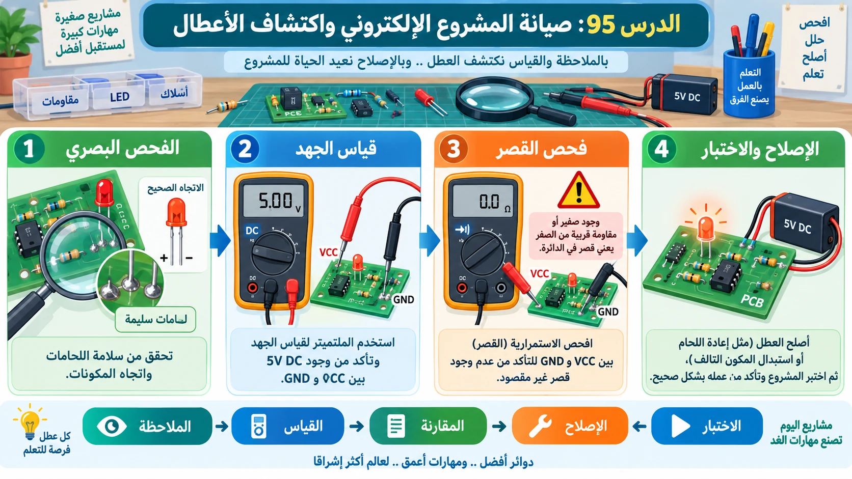 لوحة الدرس 95: صيانة المشروع الإلكتروني واكتشاف الأعطال