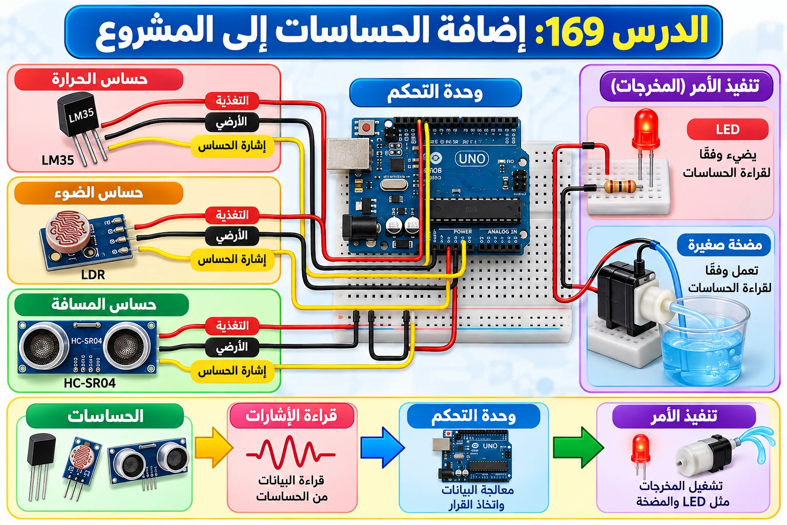 لوحة الدرس 169: إضافة الحساسات إلى المشروع
