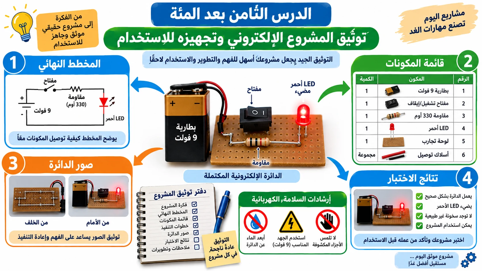 لوحة الدرس 108: توثيق المشروع الإلكتروني وتجهيزه للاستخدام