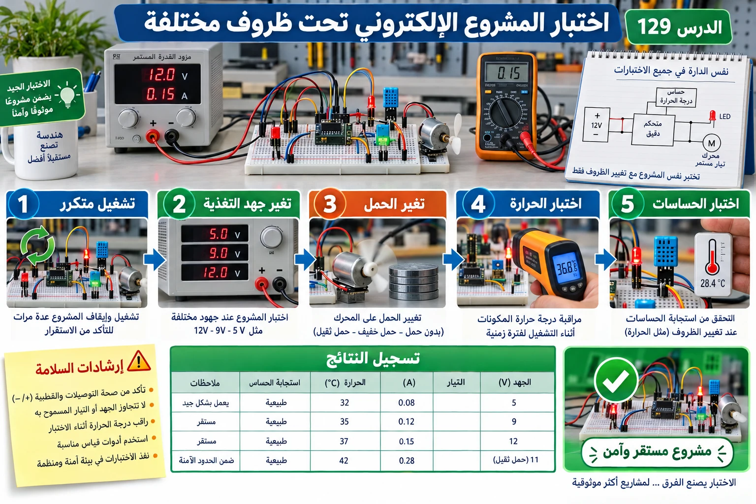 لوحة الدرس 129: اختبار المشروع الإلكتروني تحت ظروف مختلفة
