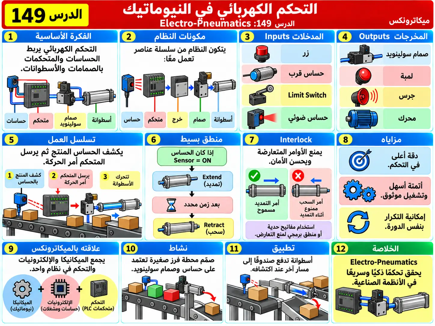 لوحة تعليمية للدرس 149: التحكم الكهربائي النيوماتيكي — Electro-Pneumatics