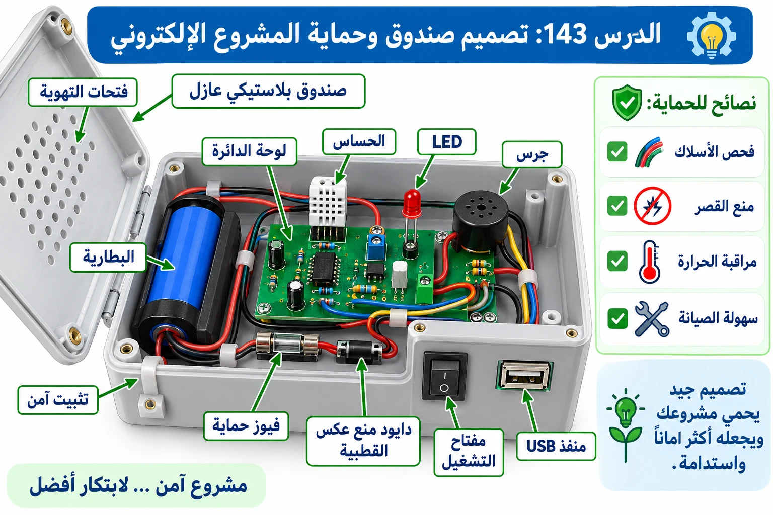 لوحة الدرس 143: تصميم صندوق وحماية المشروع الإلكتروني