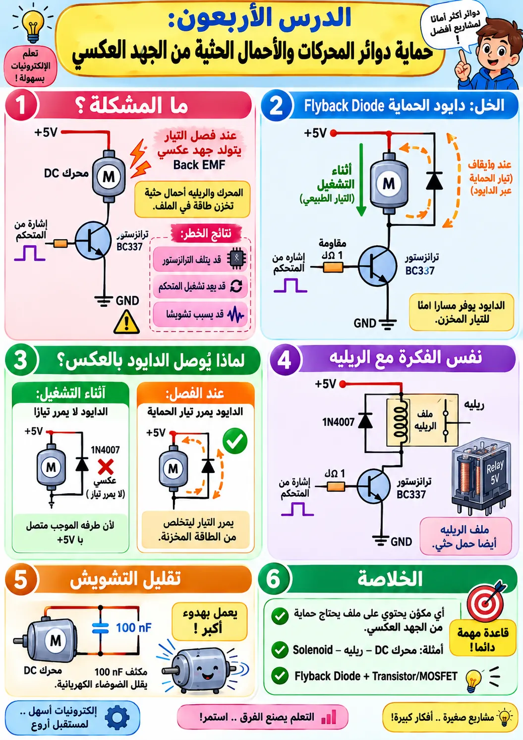 لوحة الدرس 40: حماية دوائر المحركات من الجهد العكسي