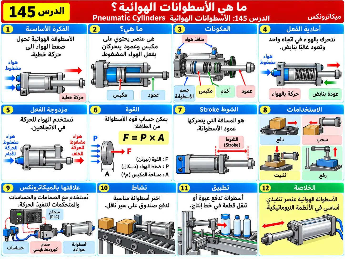 لوحة تعليمية للدرس 145: الأسطوانات الهوائية — Pneumatic Cylinders