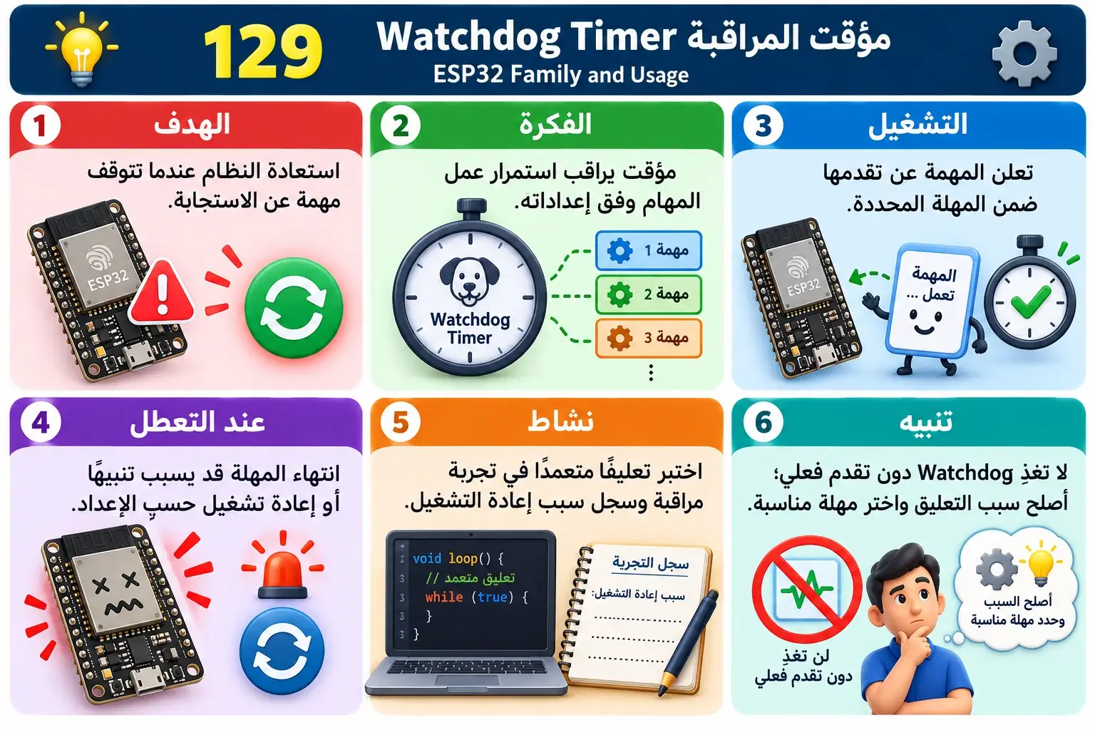 لوحة تعليمية للدرس 129 — ESP32