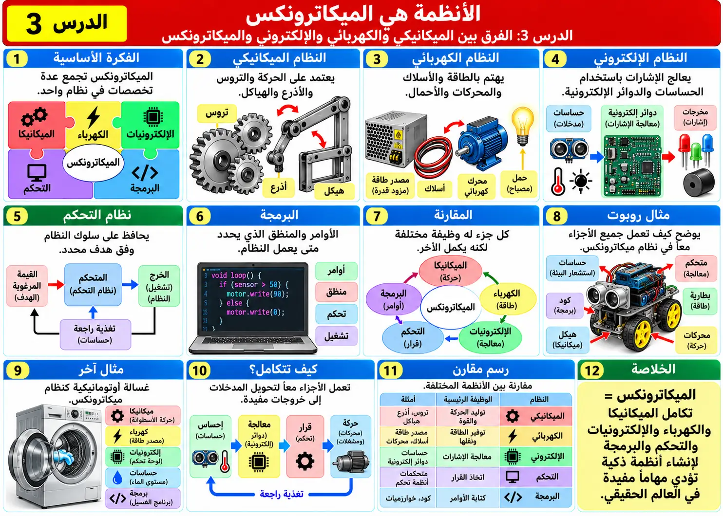 لوحة تعليمية للدرس 3: الفرق بين النظام الميكانيكي والكهربائي والإلكتروني والميكاترونكس