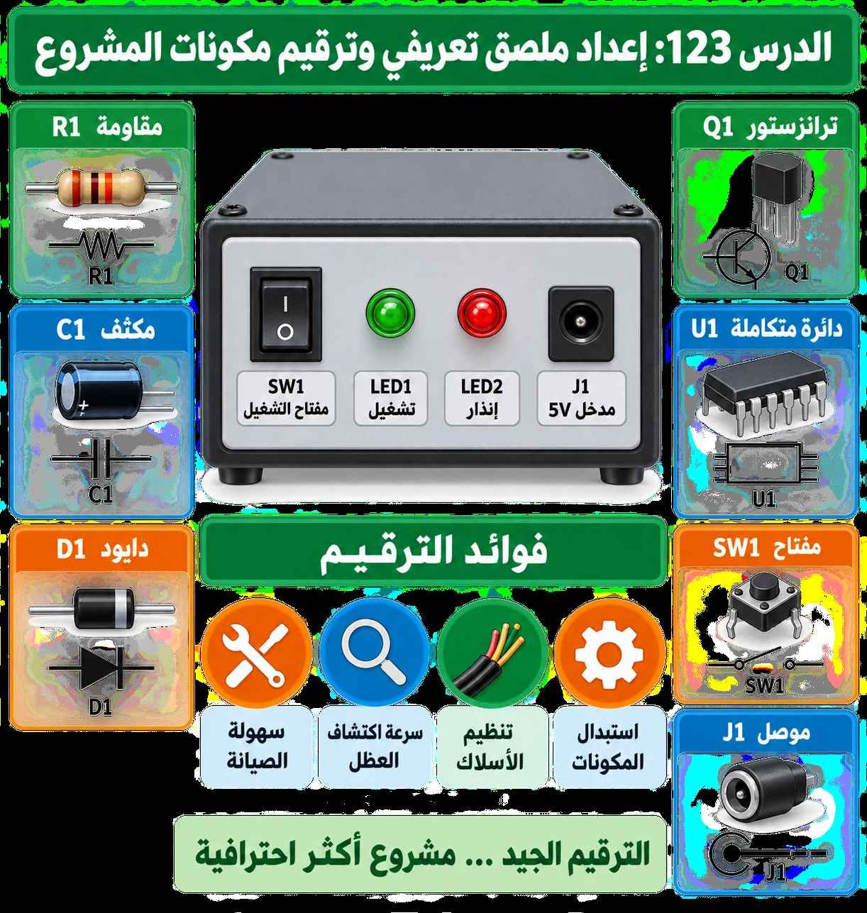 لوحة الدرس 123: إعداد ملصق تعريفي وترقيم مكونات المشروع