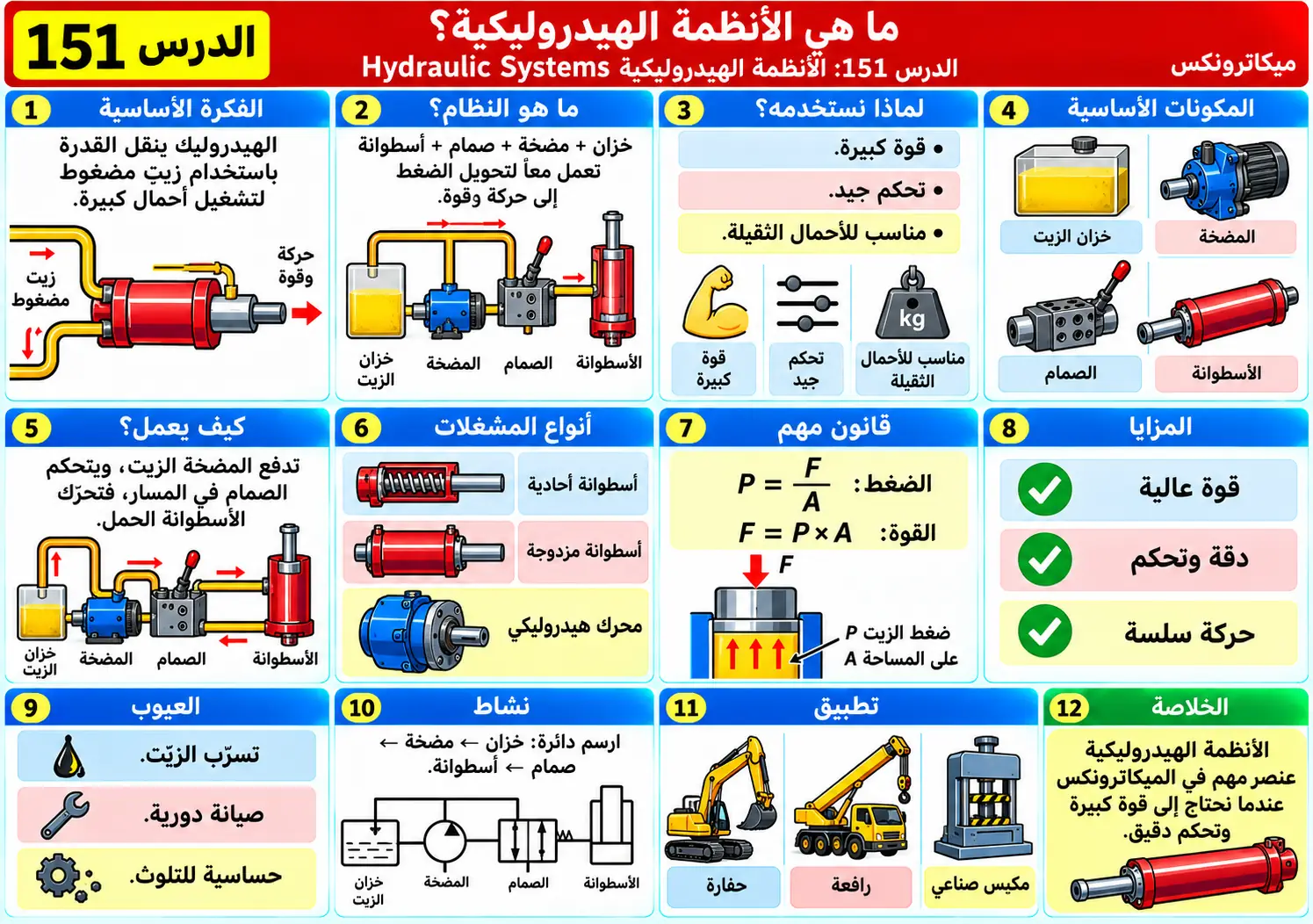 لوحة تعليمية للدرس 151: مقدمة الأنظمة الهيدروليكية — Hydraulic Systems