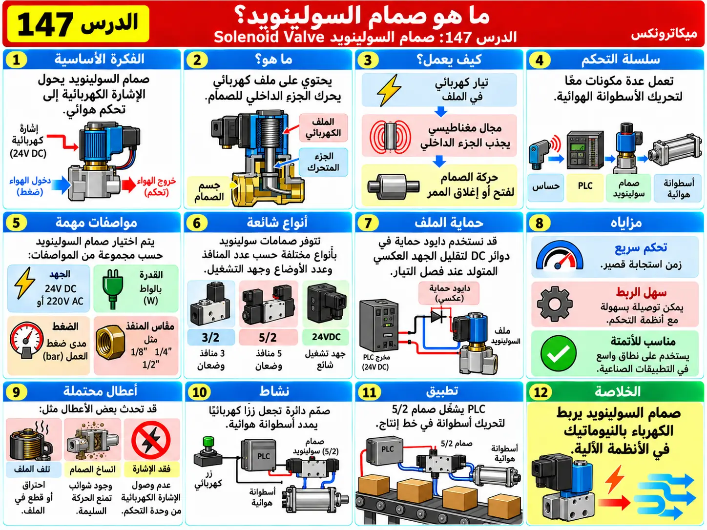 لوحة تعليمية للدرس 147: صمام السولينويد — Solenoid Valve