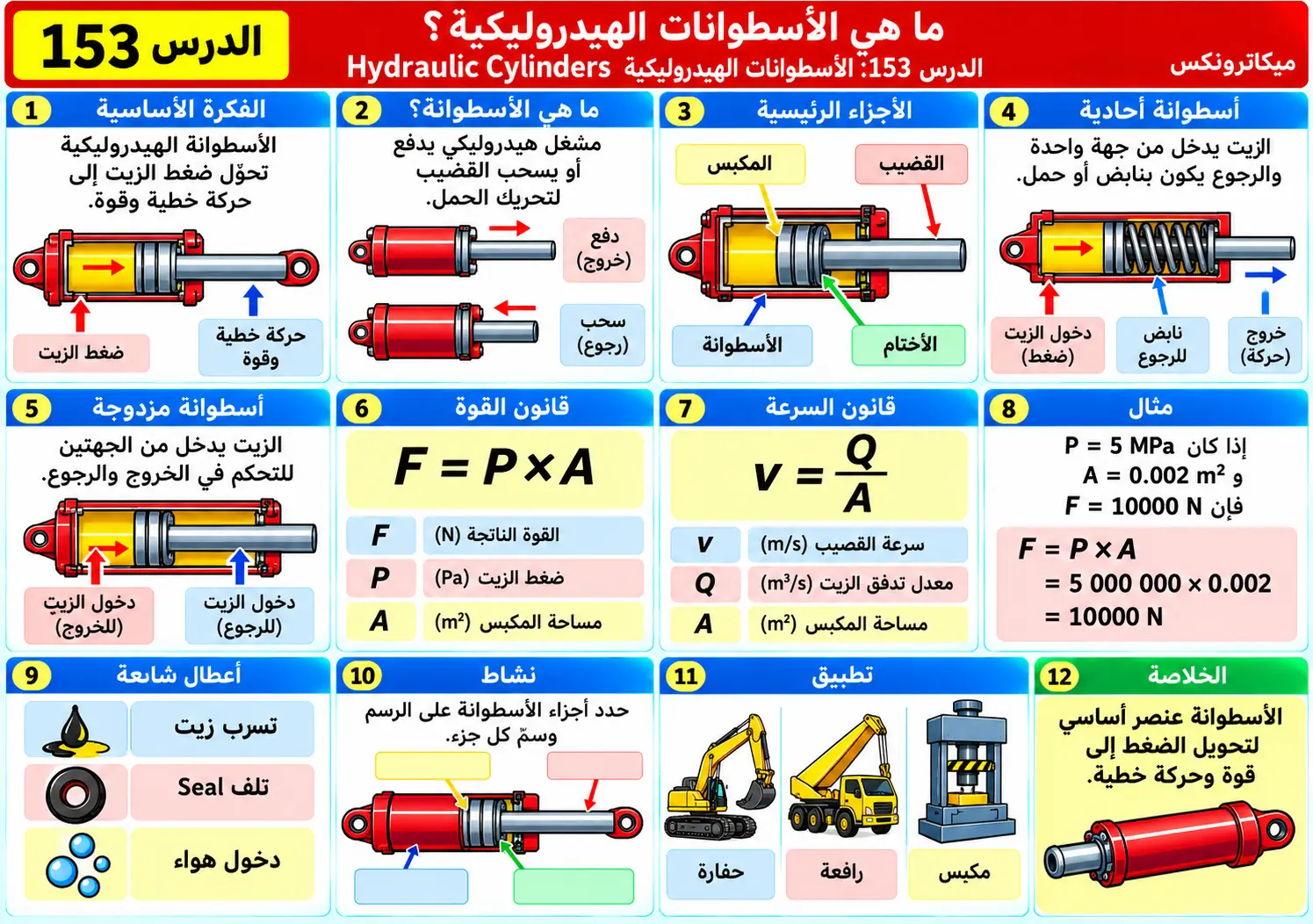 لوحة تعليمية للدرس 153: الأسطوانات الهيدروليكية — Hydraulic Cylinders
