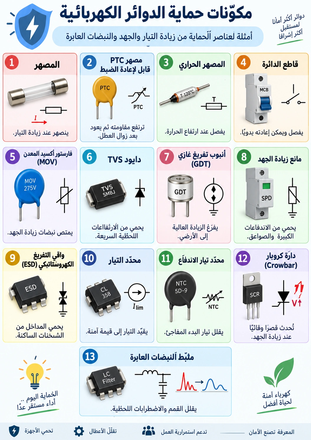 لوحة تعليمية: مكوّنات حماية الدوائر