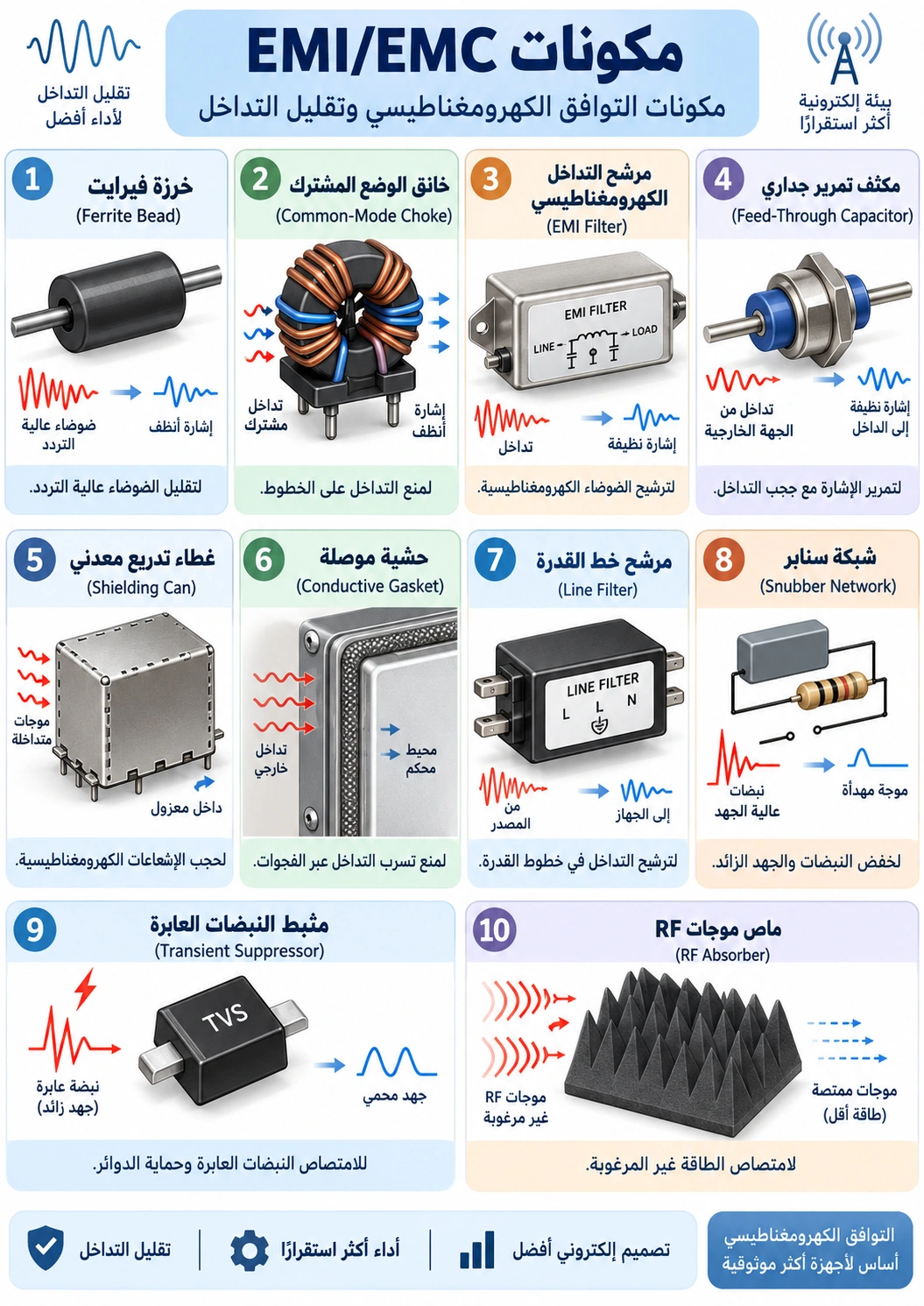 لوحة تعليمية: مكوّنات التوافق والتداخل الكهرومغناطيسي