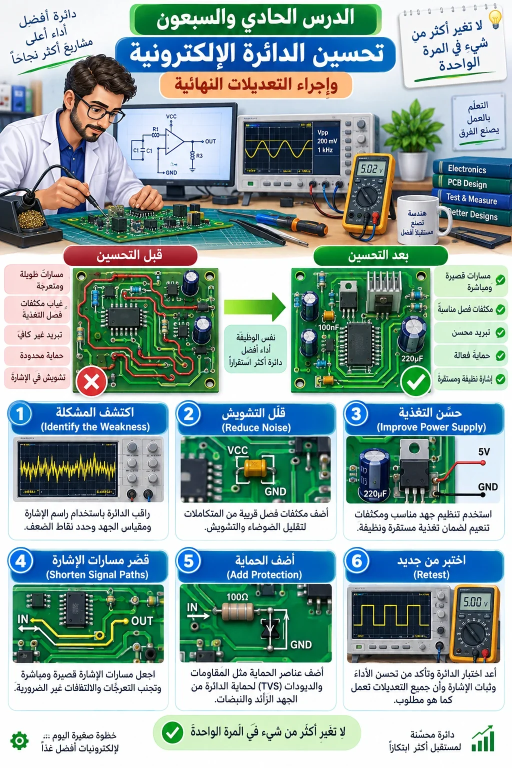 لوحة الدرس 71: تحسين الدائرة الإلكترونية وإجراء التعديلات النهائية