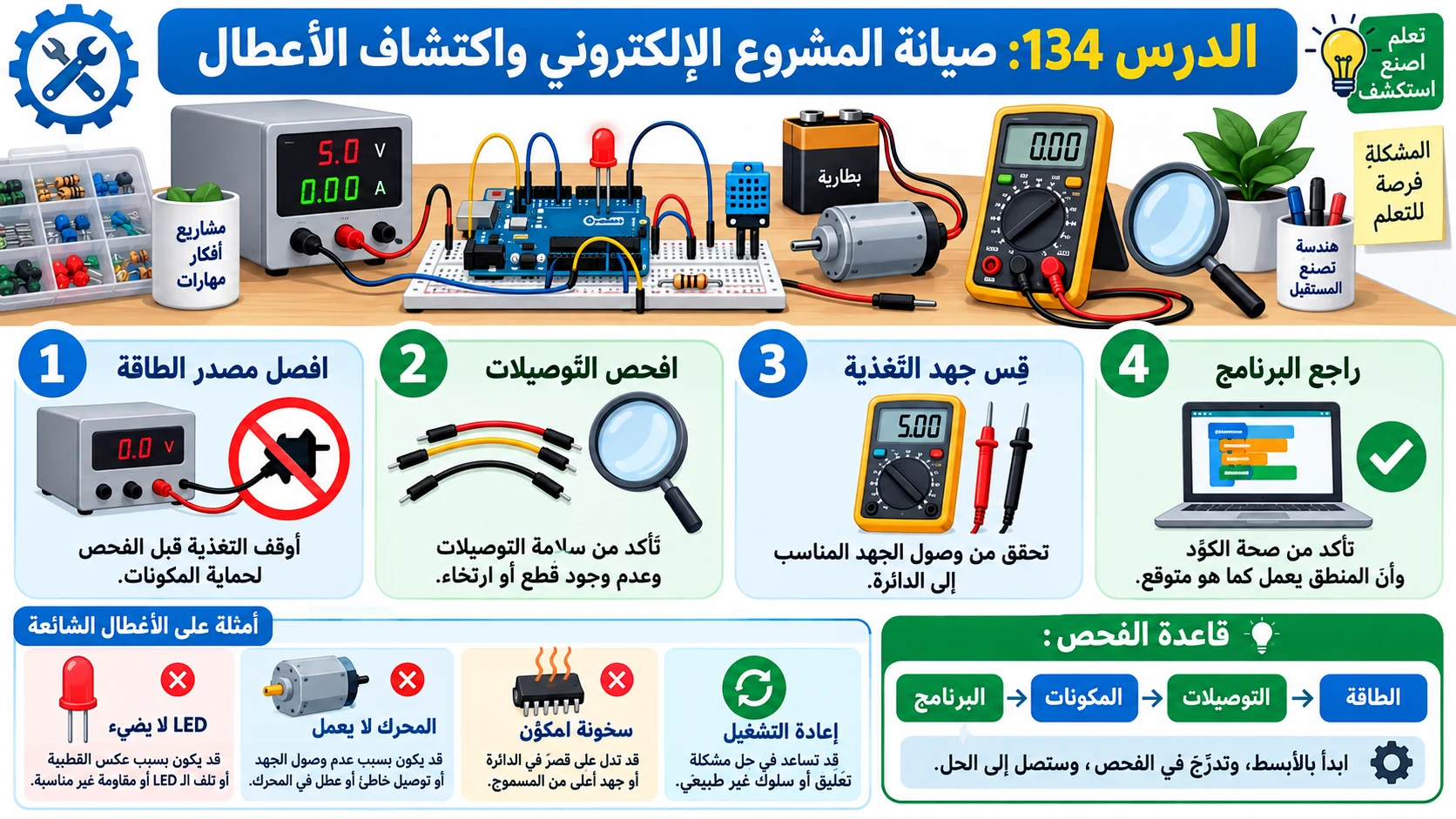 لوحة الدرس 134: صيانة المشروع الإلكتروني واكتشاف الأعطال