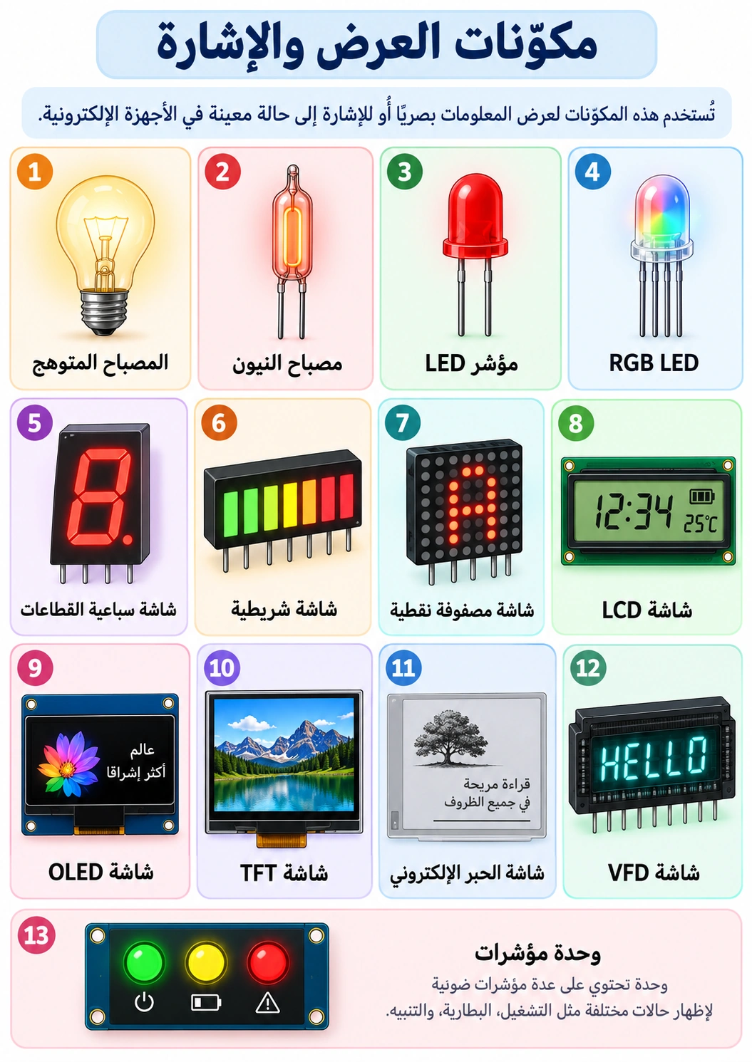 لوحة تعليمية: مكوّنات العرض والإشارة