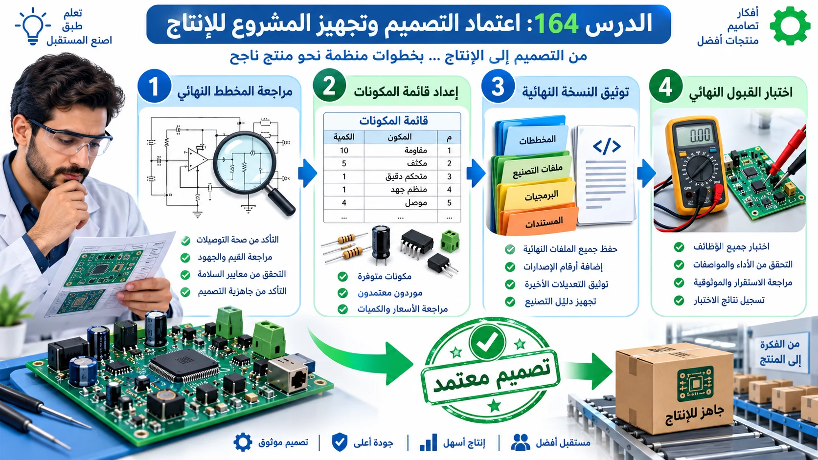 لوحة الدرس 164: اعتماد التصميم وتجهيز المشروع للإنتاج