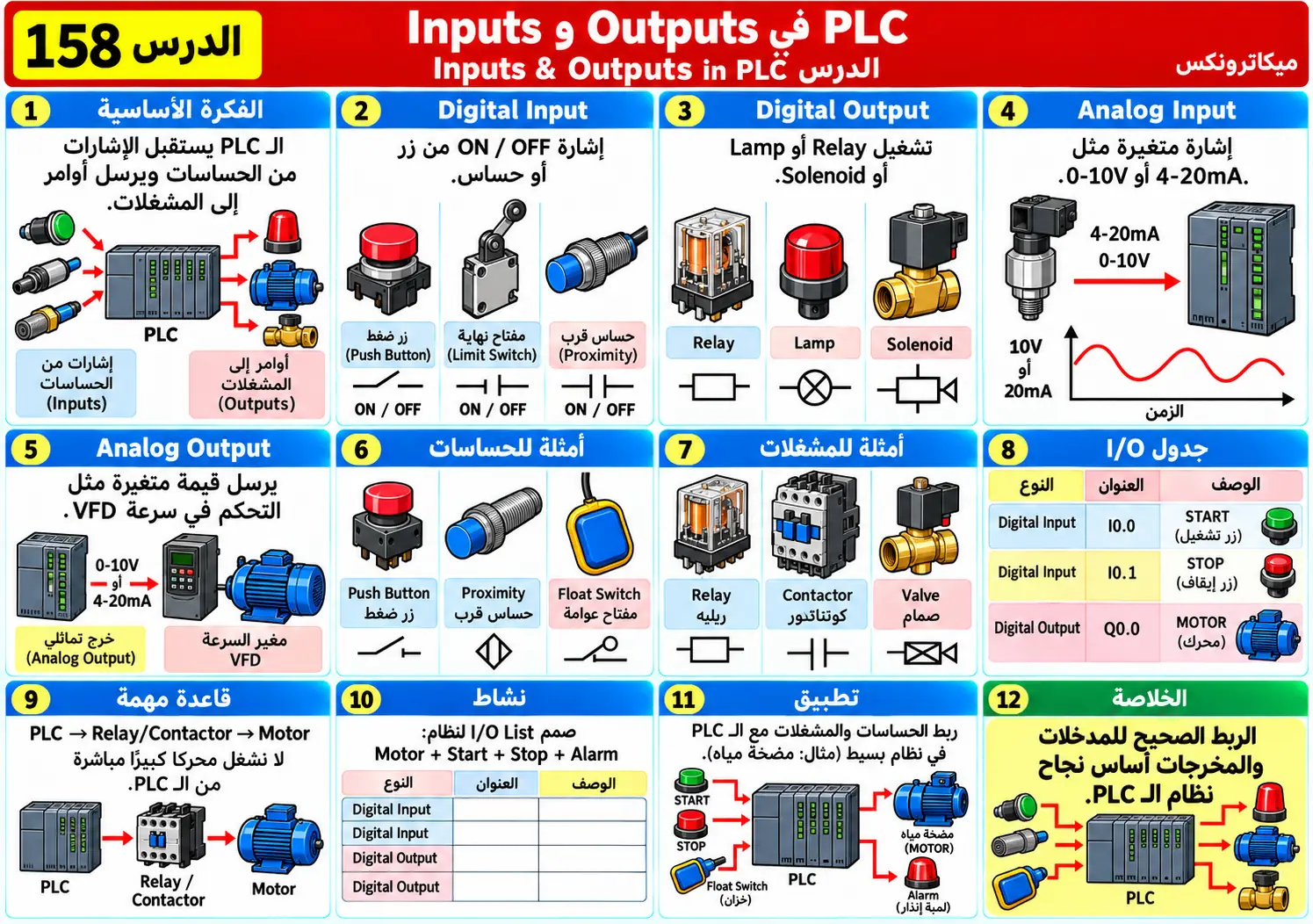 لوحة تعليمية للدرس 158: المدخلات والمخرجات في PLC — Inputs & Outputs