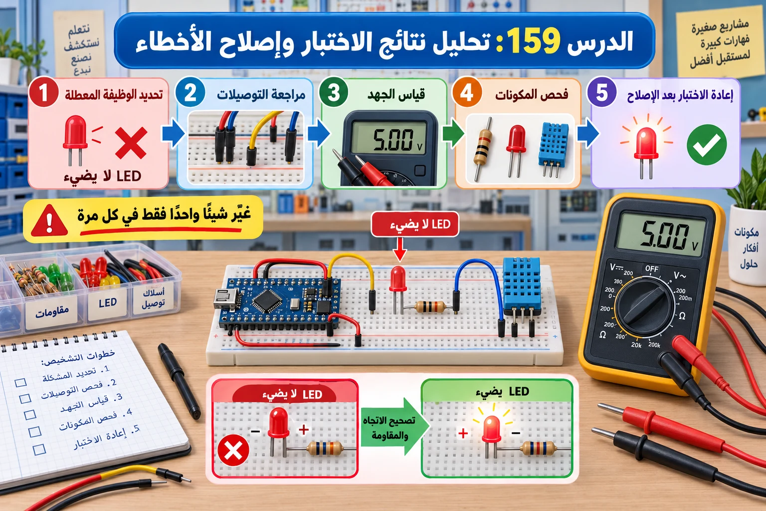 لوحة الدرس 159: تحليل نتائج الاختبار وإصلاح الأخطاء