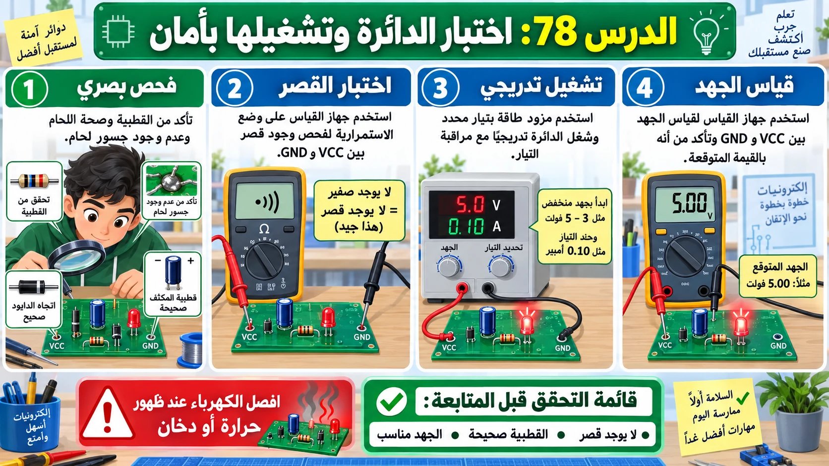 لوحة الدرس 78: اختبار الدائرة وتشغيلها بأمان