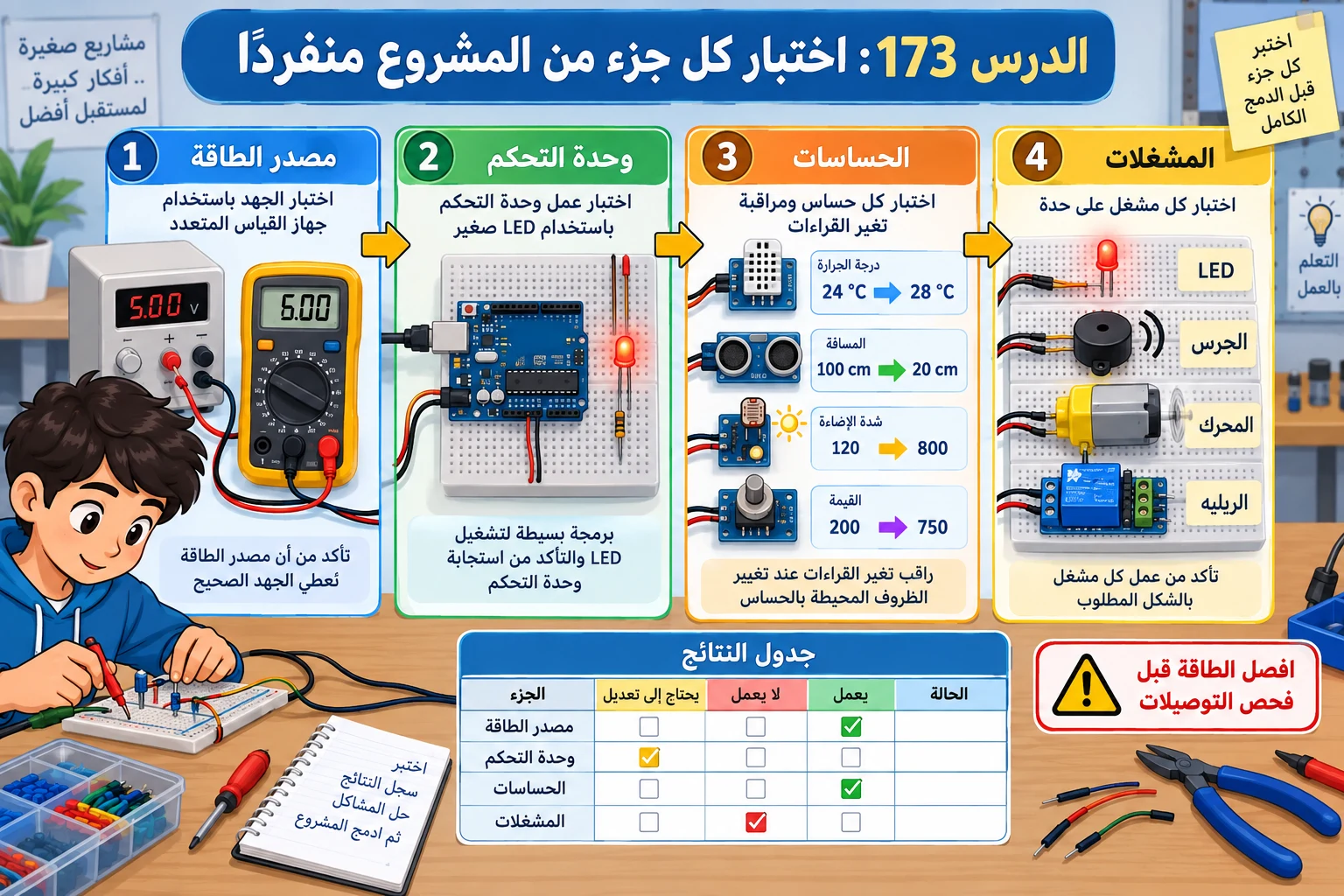 لوحة الدرس 173: اختبار كل جزء من المشروع منفردًا