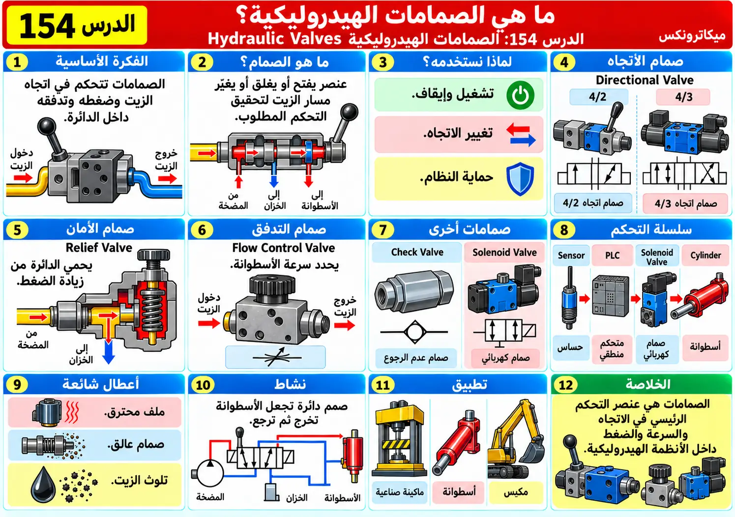 لوحة تعليمية للدرس 154: الصمامات الهيدروليكية — Hydraulic Valves