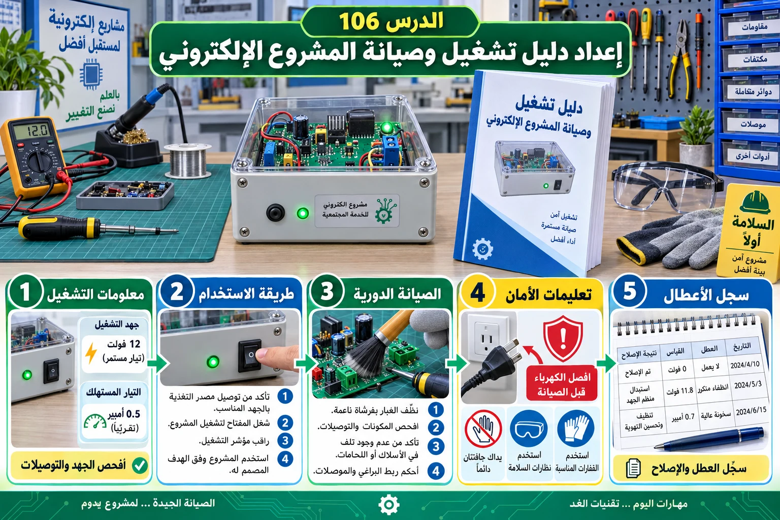 لوحة الدرس 106: إعداد دليل تشغيل وصيانة المشروع الإلكتروني