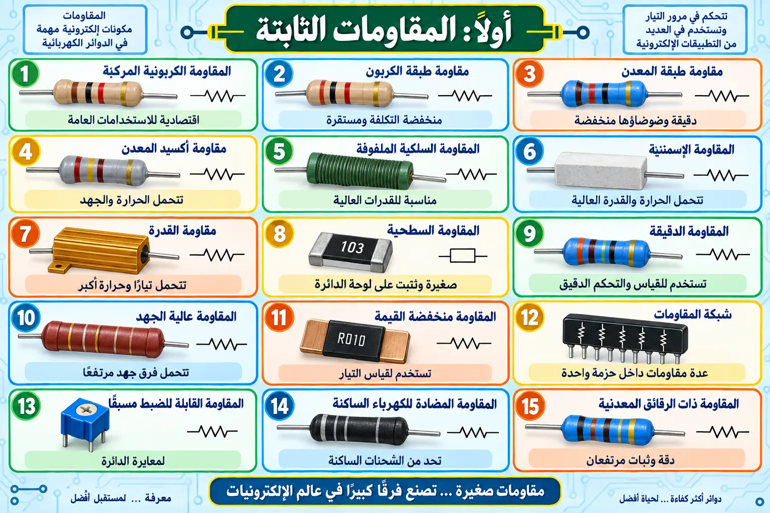 لوحة تعليمية: المقاومات الثابتة