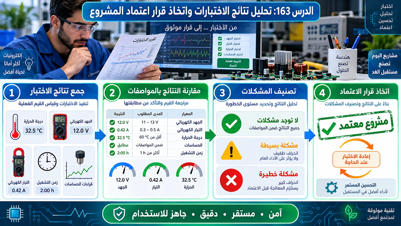 لوحة الدرس 163: تحليل نتائج الاختبارات واتخاذ قرار اعتماد المشروع