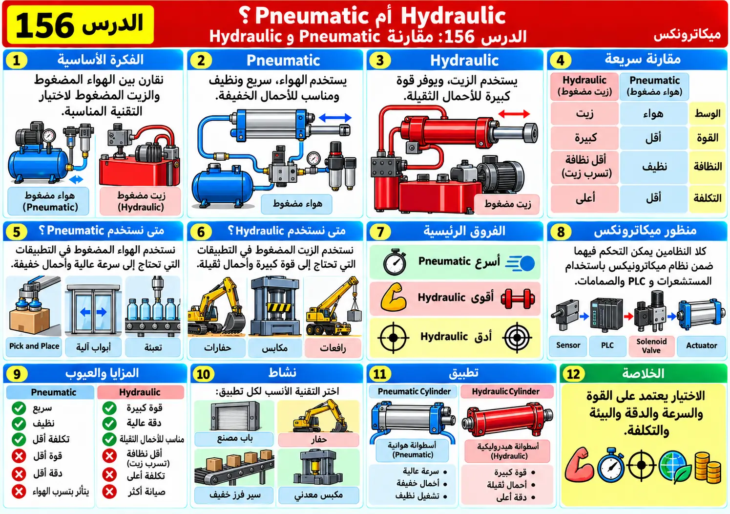 لوحة تعليمية للدرس 156: مقارنة النيوماتيك والهيدروليك — Pneumatic vs Hydraulic