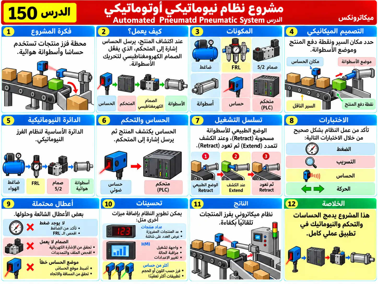 لوحة تعليمية للدرس 150: مشروع نظام نيوماتيكي أوتوماتيكي — Automated Pneumatic System