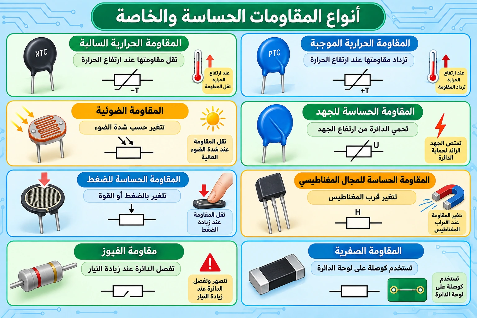 لوحة تعليمية: المقاومات الحساسة والخاصة
